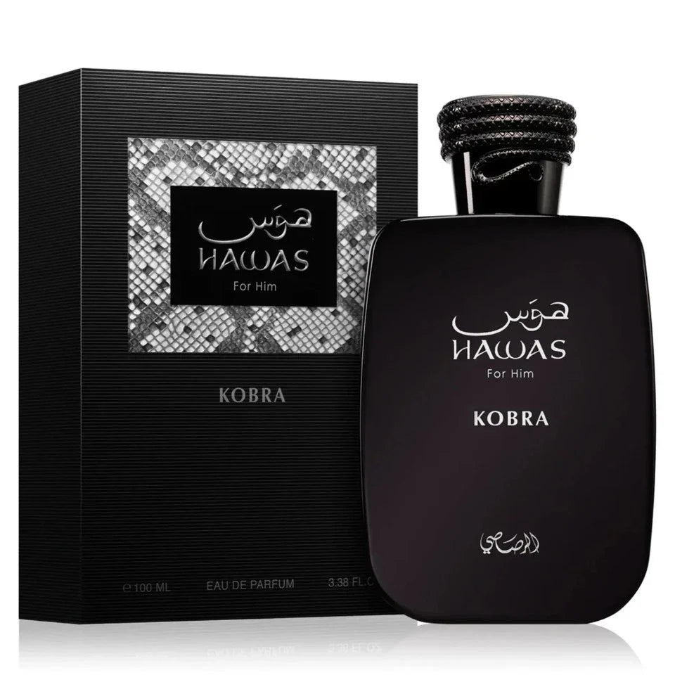 Hawas Kobra Eau De Parfum 3.38 oz / 100ML by Rasasi for Men – Dark Woody Spicy Fragrance | Free USA 3-Day Delivery